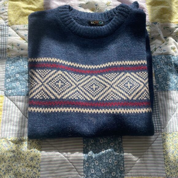 Novica men’s L Men's Blue Sweater with Patterned Stripe - Picture 1 of 3